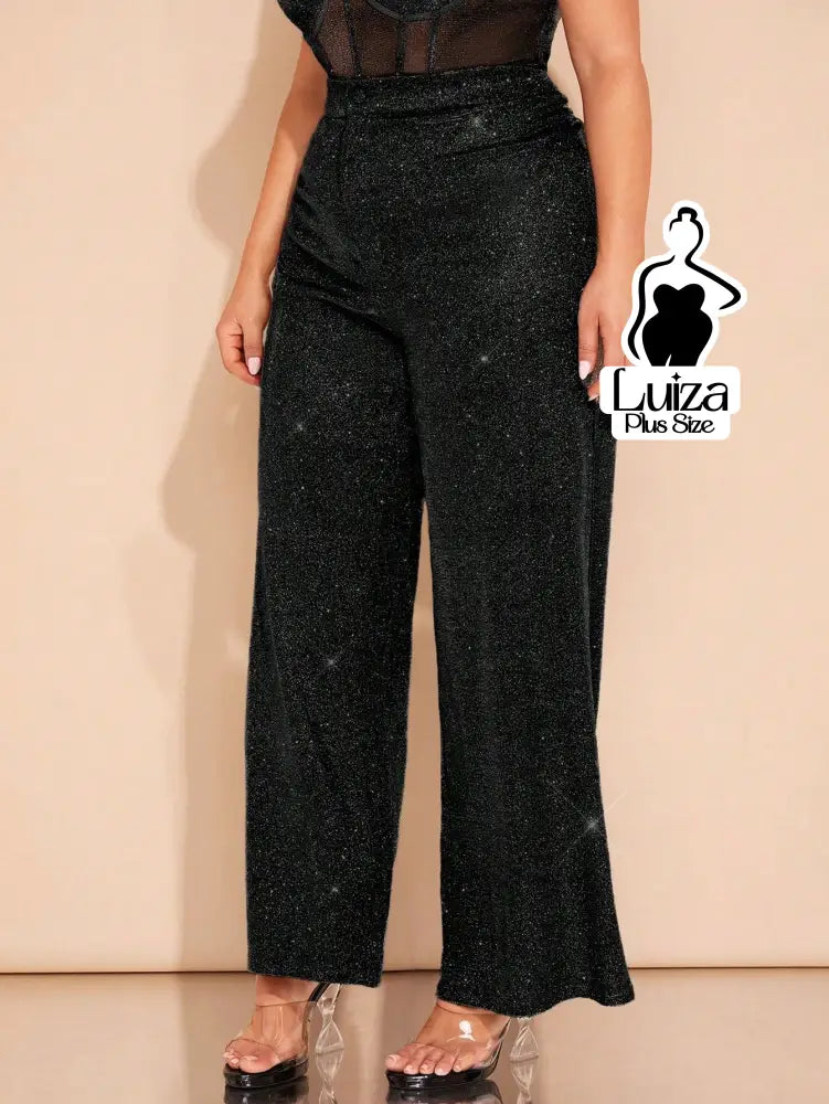 Calça Pantalona Cintura Alta Brilho Glamour Plus Size Calça Pantalona Cintura Alta Brilho Glamour Plus Size