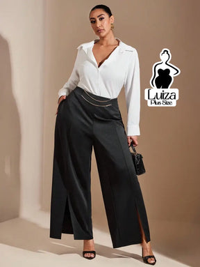 Calça Pantalona Cintura Alta Fenda Corrente Plus Size Calça Pantalona Cintura Alta Fenda Corrente Plus Size