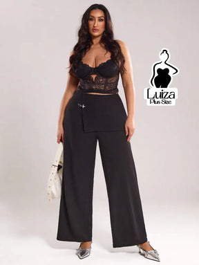 Calça Pantalona Cintura Alta Sobreposição Assimétrica Plus Size Calça Pantalona Cintura Alta Sobreposição Assimétrica