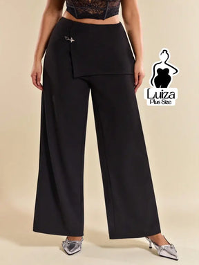 Calça Pantalona Cintura Alta Sobreposição Assimétrica Plus Size Calça Pantalona Cintura Alta Sobreposição Assimétrica