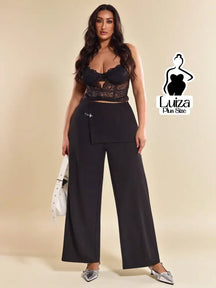 Calça Pantalona Cintura Alta Sobreposição Assimétrica Plus Size Preto / G Calça Pantalona Cintura Alta Sobreposição