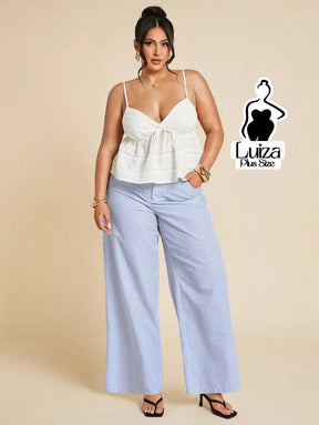 Calça Pantalona Listrada Cintura Alta Estilo Chic Plus Size Calça Pantalona Listrada Cintura Alta Estilo Chic Plus Size