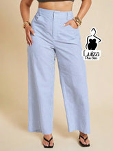 Calça Pantalona Listrada Cintura Alta Estilo Chic Plus Size Azul e Branco / G Calça Pantalona Listrada Cintura Alta