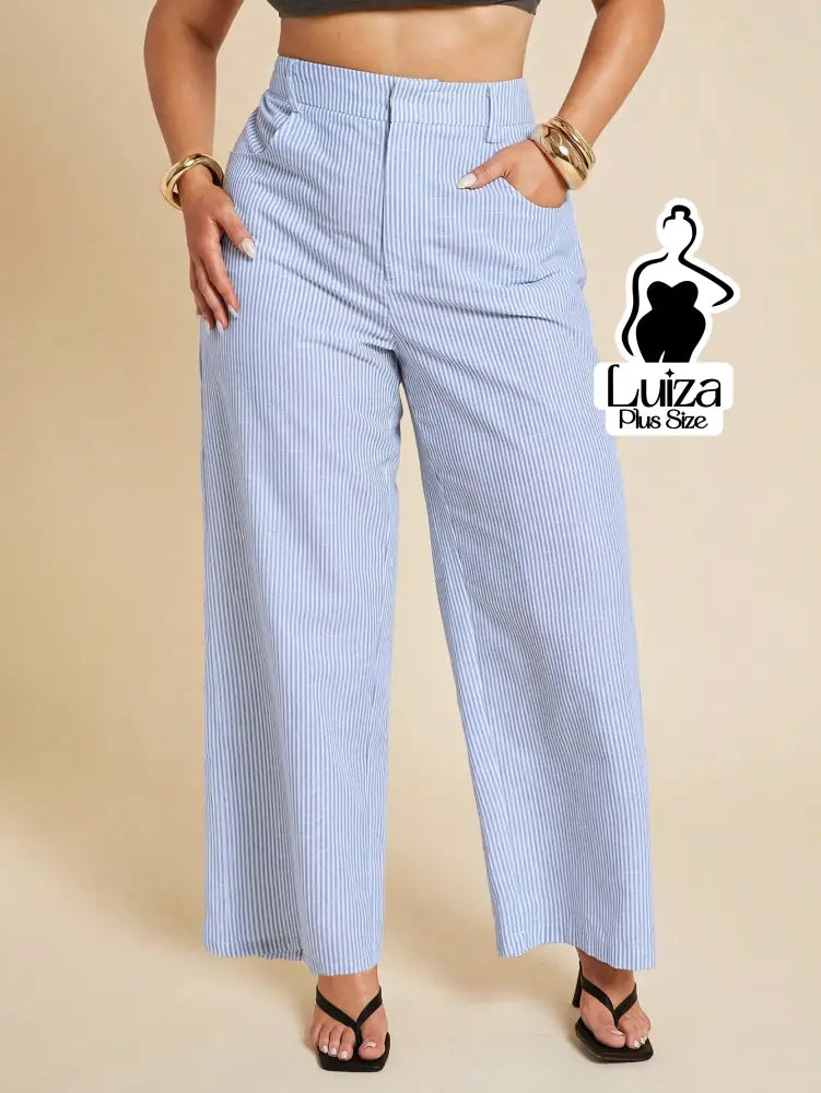 Calça Pantalona Listrada Cintura Alta Estilo Chic Plus Size Azul e Branco / G Calça Pantalona Listrada Cintura Alta