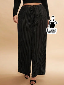 Calça Pantalona Listrada Cós Elástico Ajustável Plus Size Preto / G Calça Pantalona Listrada Cós Elástico Ajustável