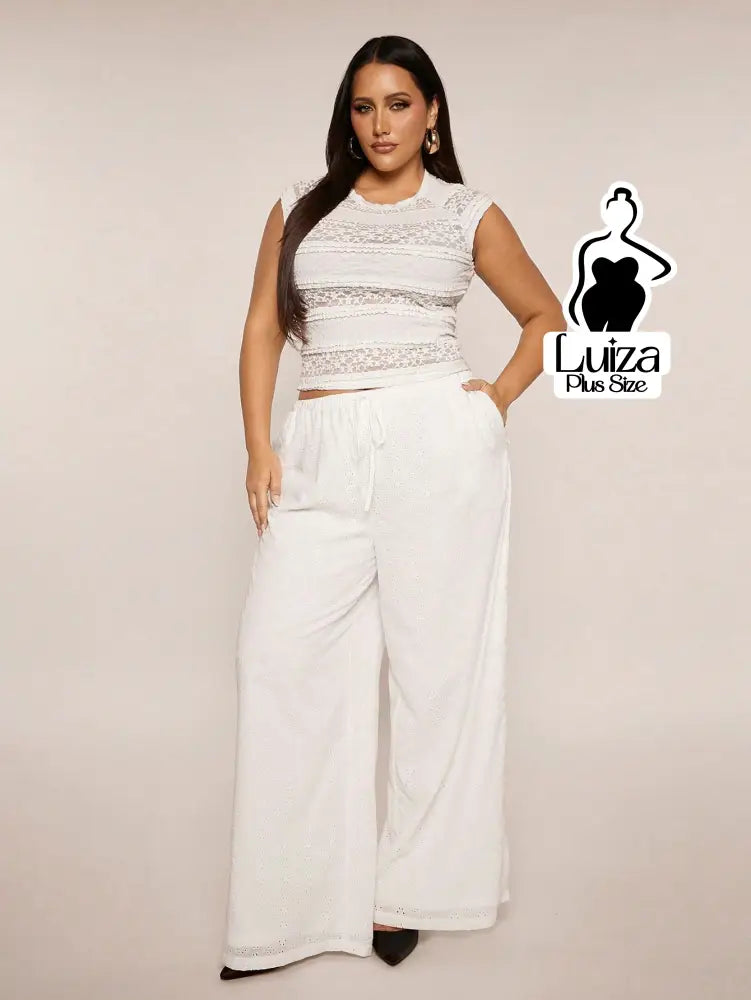Calça Pantalona Tecido Leve Cós Ajustável Plus Size Calça Pantalona Tecido Leve Cós Ajustável Plus Size