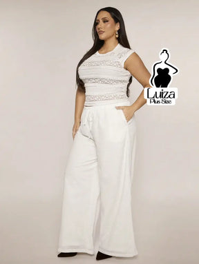 Calça Pantalona Tecido Leve Cós Ajustável Plus Size Branco / G Calça Pantalona Tecido Leve Cós Ajustável Plus Size