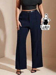 Calça Reta Alfaiataria Cintura Alta Pregas Plus Size Azul-Marinho / G Calça Reta Alfaiataria Cintura Alta Pregas Plus