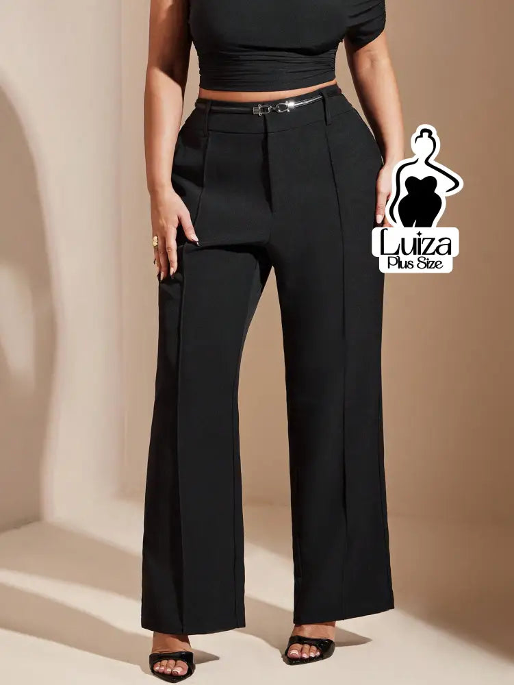 Calça Reta Alfaiataria Cintura Alta Pregas Plus Size Preto / G Calça Reta Alfaiataria Cintura Alta Pregas Plus Size