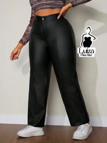 Calça Reta Cintura Alta Couro Sintético Moderno Plus Size Preto / G Calça Reta Cintura Alta Couro Sintético Moderno