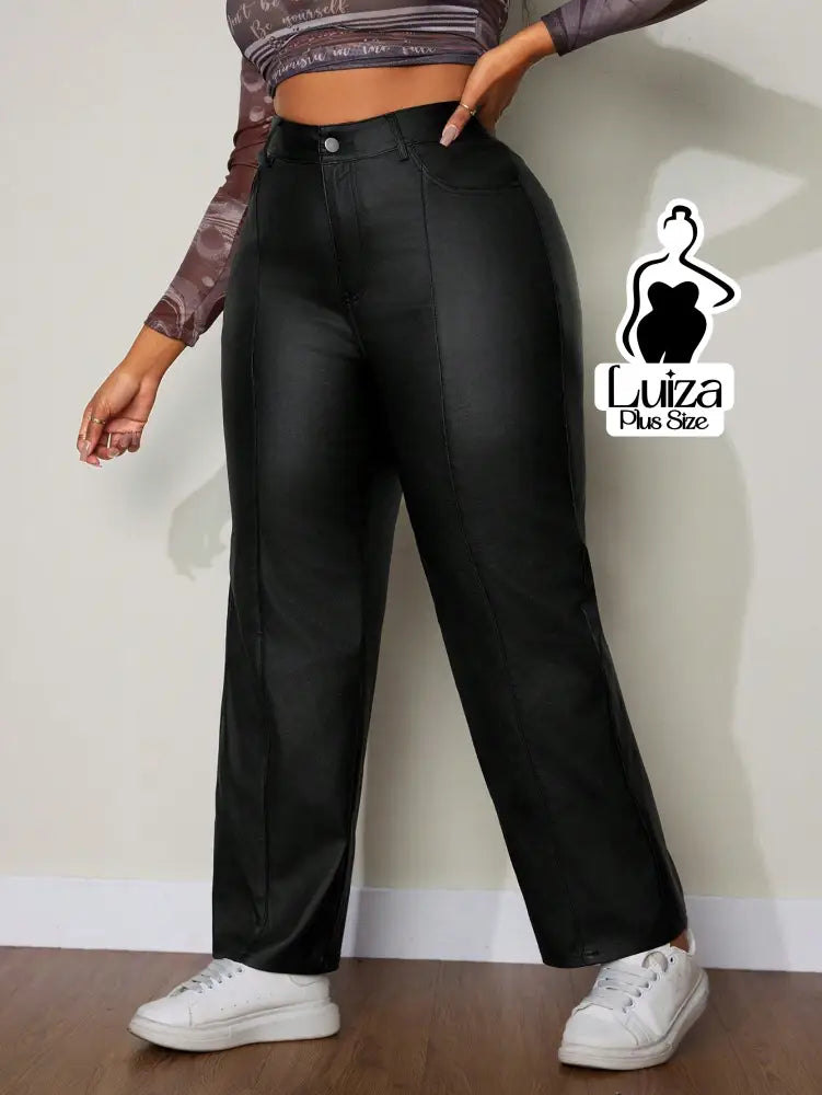 Calça Reta Cintura Alta Couro Sintético Moderno Plus Size Preto / G Calça Reta Cintura Alta Couro Sintético Moderno