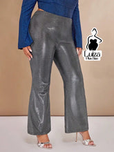 Calça Reta Cintura Alta Tecido Brilhoso Metalizado Plus Size Cinza / G Calça Reta Cintura Alta Tecido Brilhoso