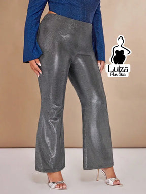 Calça Reta Cintura Alta Tecido Brilhoso Metalizado Plus Size Cinza / G Calça Reta Cintura Alta Tecido Brilhoso