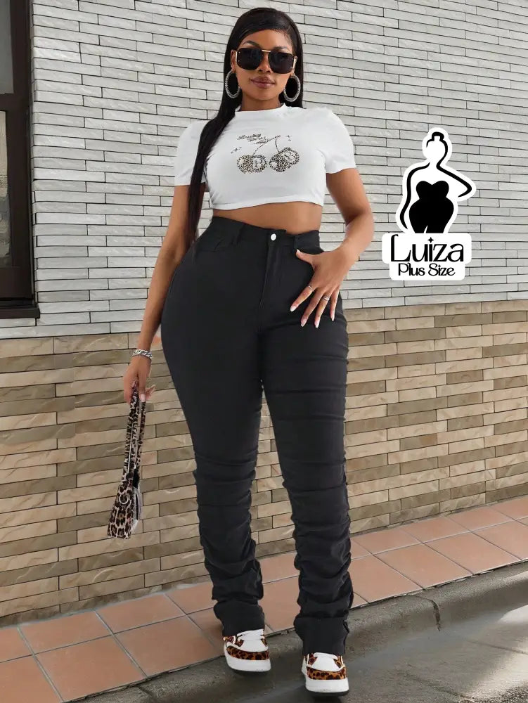 Calça Skinny Cintura Alta Efeito Franzido Moderno Plus Size Calça Skinny Cintura Alta Efeito Franzido Moderno Plus Size