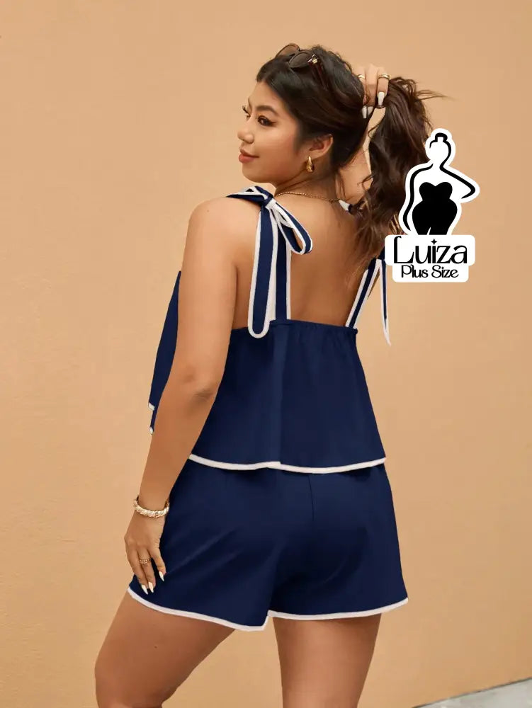 Conjunto Blusa Alça Laço Short Casual Moderno Plus Size Conjunto Blusa Alça Laço Short Casual Moderno Plus Size