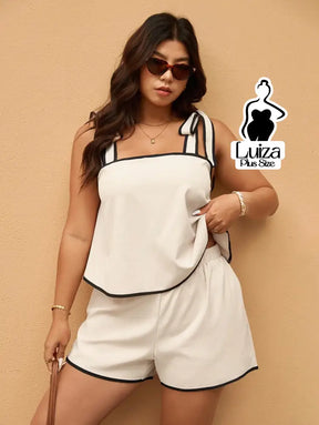 Conjunto Blusa Alça Laço Short Casual Moderno Plus Size Conjunto Blusa Alça Laço Short Casual Moderno Plus Size