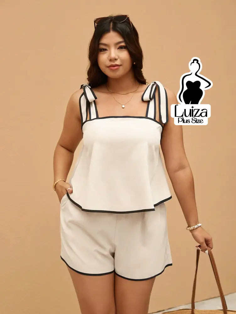 Conjunto Blusa Alça Laço Short Casual Moderno Plus Size Conjunto Blusa Alça Laço Short Casual Moderno Plus Size