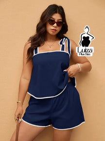Conjunto Blusa Alça Laço Short Casual Moderno Plus Size Azul-Marinho / G Conjunto Blusa Alça Laço Short Casual Moderno