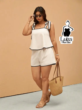 Conjunto Blusa Alça Laço Short Casual Moderno Plus Size Damasco / G Conjunto Blusa Alça Laço Short Casual Moderno Plus