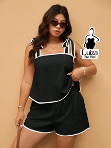 Conjunto Blusa Alça Laço Short Casual Moderno Plus Size Preto / G Conjunto Blusa Alça Laço Short Casual Moderno Plus