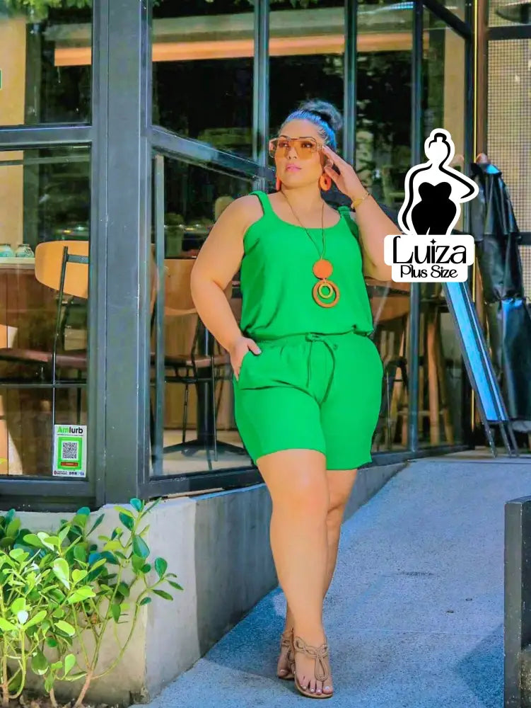 Conjunto Blusa Alça Larga Short Casual Conforto Plus Size Verde / G Conjunto Blusa Alça Larga Short Casual Conforto