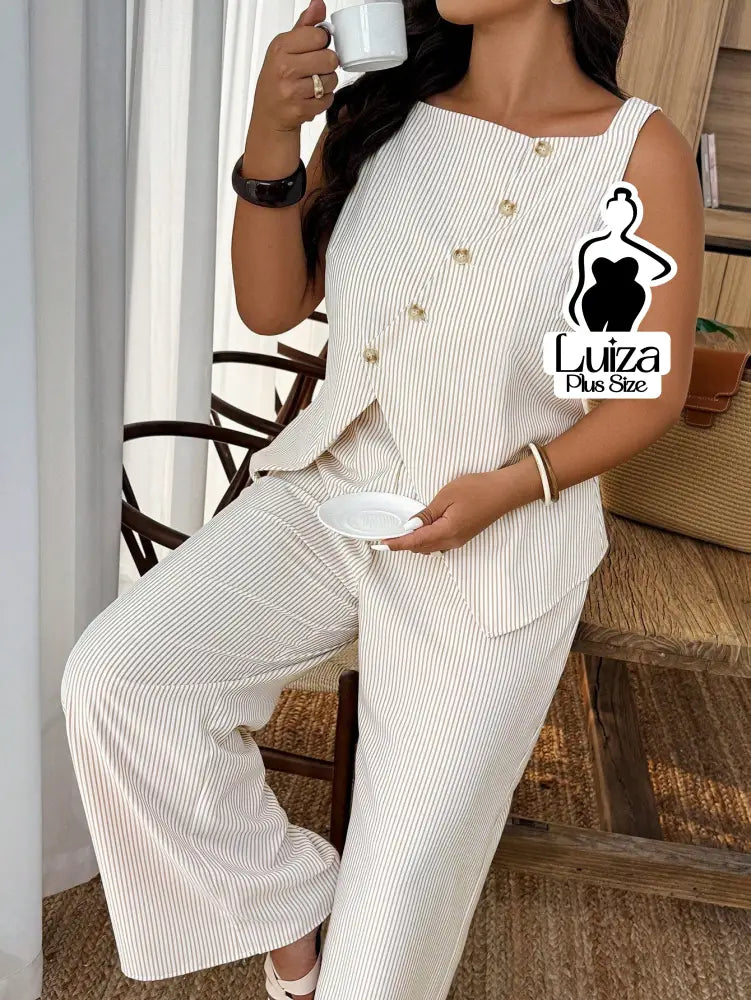 Conjunto Blusa Alfaiataria Calça Pantalona Social Chic Plus Size Damasco / G Conjunto Blusa Alfaiataria Calça Pantalona