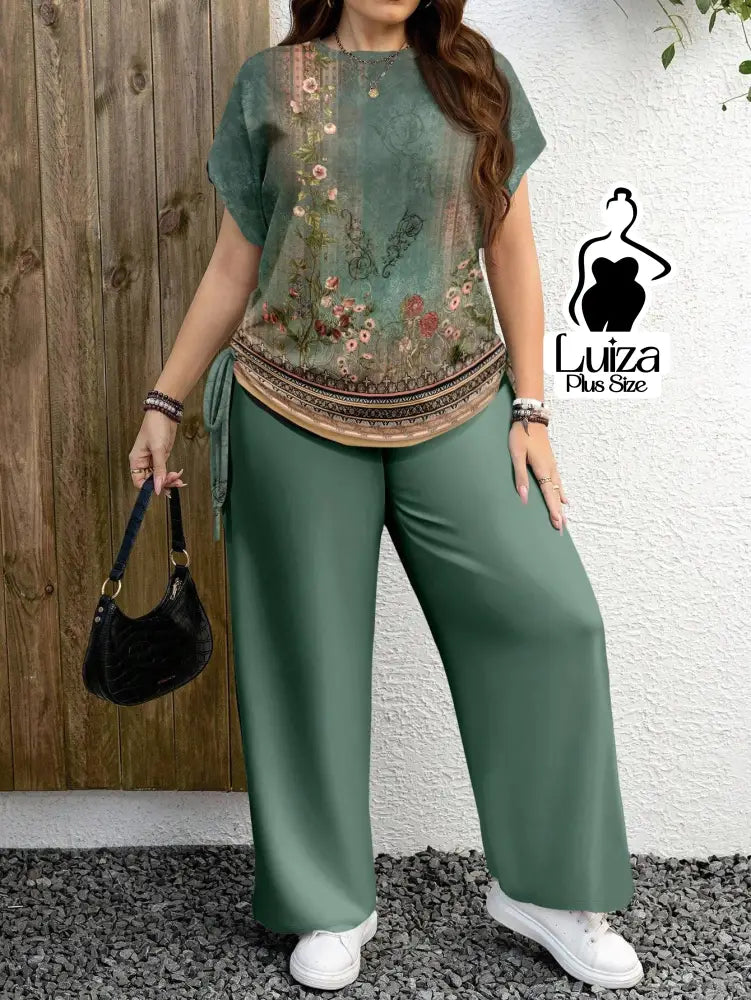 Conjunto Blusa Estampada Calça Pantalona Casual Chic Plus Size Conjunto Blusa Estampada Calça Pantalona Casual Chic
