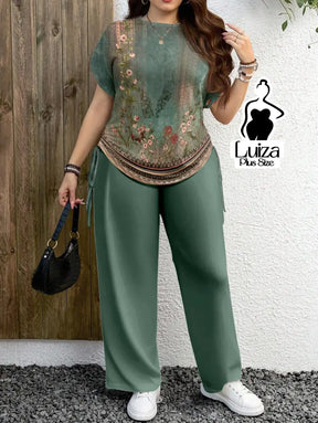 Conjunto Blusa Estampada Calça Pantalona Casual Chic Plus Size Conjunto Blusa Estampada Calça Pantalona Casual Chic
