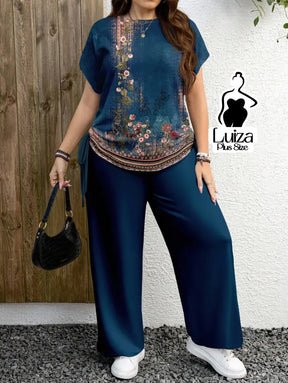 Conjunto Blusa Estampada Calça Pantalona Casual Chic Plus Size Conjunto Blusa Estampada Calça Pantalona Casual Chic