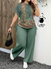 Conjunto Blusa Estampada Calça Pantalona Casual Chic Plus Size Verde / G Conjunto Blusa Estampada Calça Pantalona