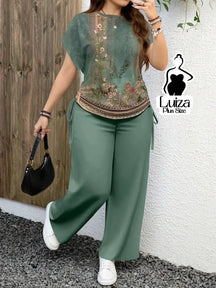 Conjunto Blusa Estampada Calça Pantalona Casual Chic Plus Size Verde / G Conjunto Blusa Estampada Calça Pantalona