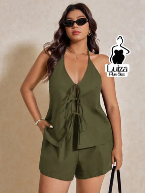 Conjunto Blusa Frente Única Amarração Short Moderno Plus Size Conjunto Blusa Frente Única Amarração Short Moderno Plus