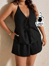 Conjunto Blusa Frente Única Amarração Short Moderno Plus Size Preto / G Conjunto Blusa Frente Única Amarração Short