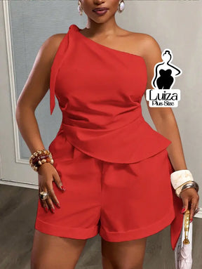 Conjunto Blusa Um Ombro Só Short Casual Sofisticado Plus Size Conjunto Blusa Um Ombro Só Short Casual Sofisticado Plus