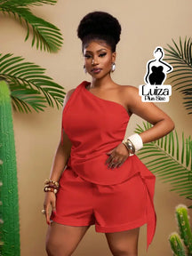 Conjunto Blusa Um Ombro Só Short Casual Sofisticado Plus Size Vermelho / G Conjunto Blusa Um Ombro Só Short Casual