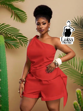 Conjunto Blusa Um Ombro Só Short Casual Sofisticado Plus Size Vermelho / G Conjunto Blusa Um Ombro Só Short Casual