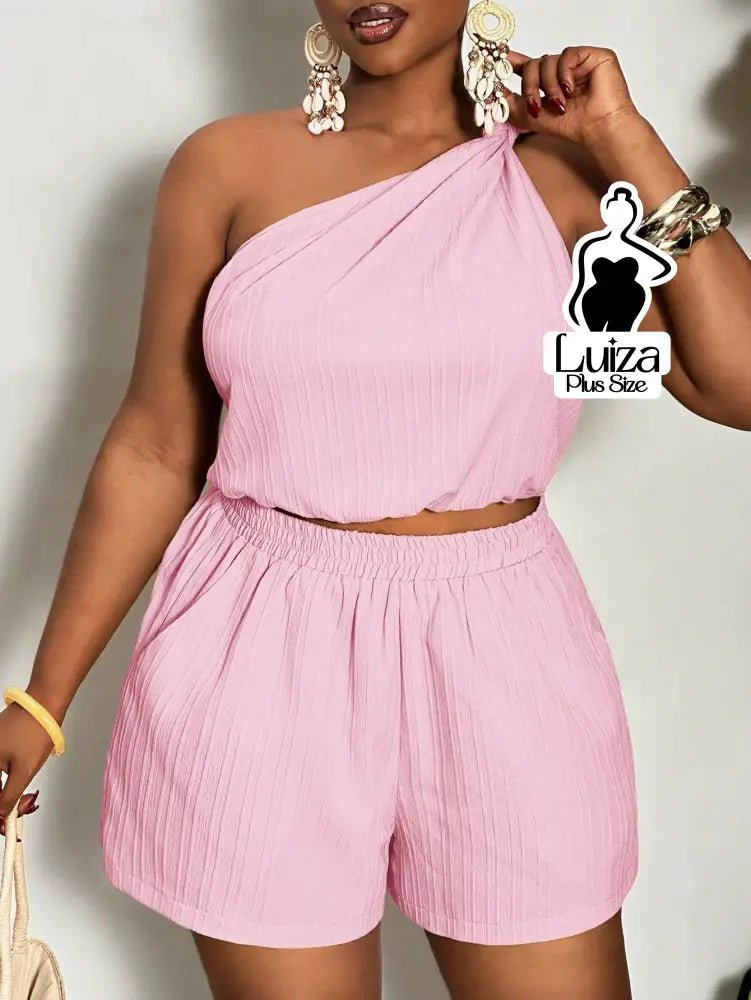 Conjunto Blusa Um Ombro Só Short Casual Verão Plus Size Conjunto Blusa Um Ombro Só Short Casual Verão Plus Size