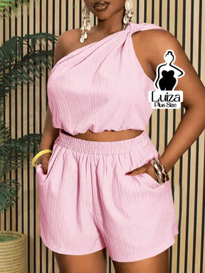 Conjunto Blusa Um Ombro Só Short Casual Verão Plus Size Conjunto Blusa Um Ombro Só Short Casual Verão Plus Size