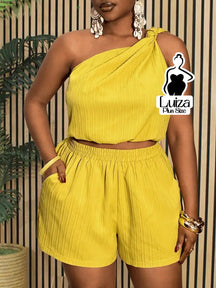 Conjunto Blusa Um Ombro Só Short Casual Verão Plus Size Amarela / G Conjunto Blusa Um Ombro Só Short Casual Verão Plus