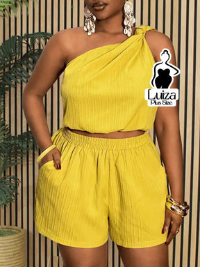 Conjunto Blusa Um Ombro Só Short Casual Verão Plus Size Amarela / G Conjunto Blusa Um Ombro Só Short Casual Verão Plus