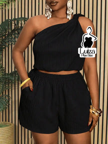 Conjunto Blusa Um Ombro Só Short Casual Verão Plus Size Preto / G Conjunto Blusa Um Ombro Só Short Casual Verão Plus