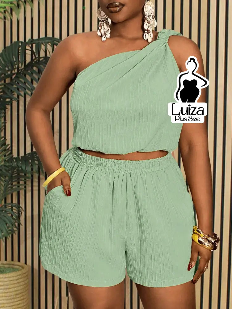 Conjunto Blusa Um Ombro Só Short Casual Verão Plus Size Verde Menta / G Conjunto Blusa Um Ombro Só Short Casual Verão