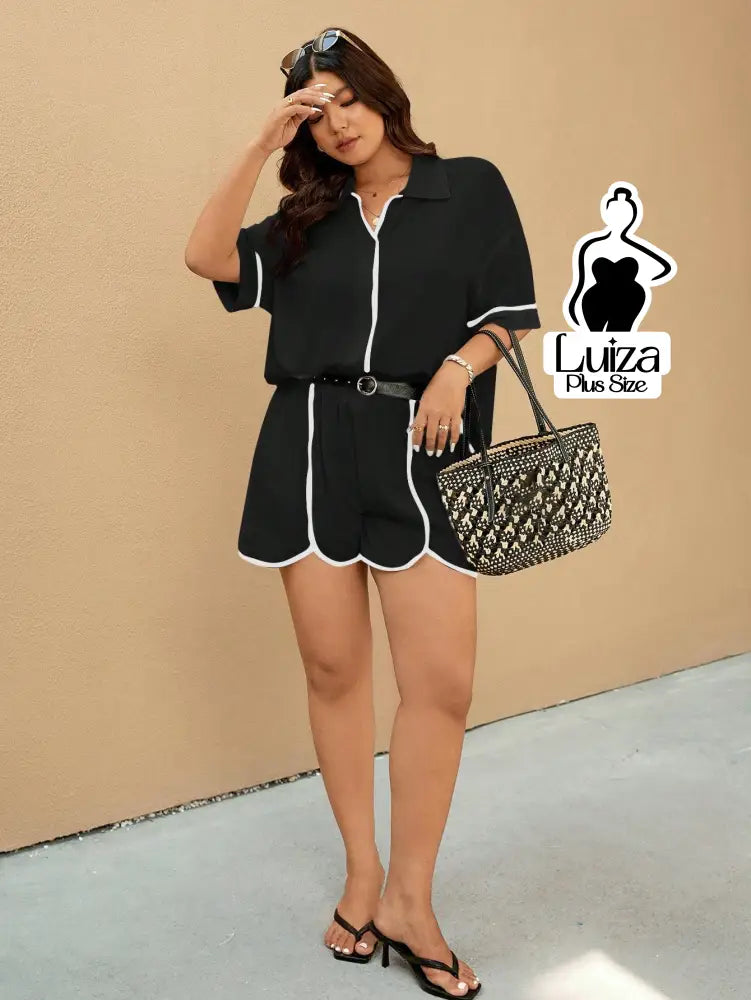 Conjunto Camisa Manga Curta Short Detalhe Contrastante Plus Size Conjunto Camisa Manga Curta Short Detalhe Contrastante