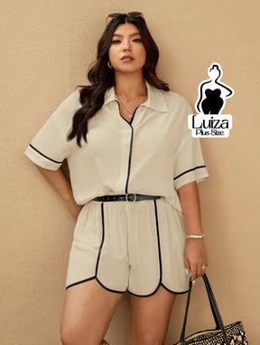 Conjunto Camisa Manga Curta Short Detalhe Contrastante Plus Size Damasco / G Conjunto Camisa Manga Curta Short Detalhe
