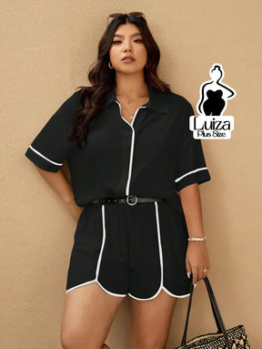 Conjunto Camisa Manga Curta Short Detalhe Contrastante Plus Size Preto / G Conjunto Camisa Manga Curta Short Detalhe