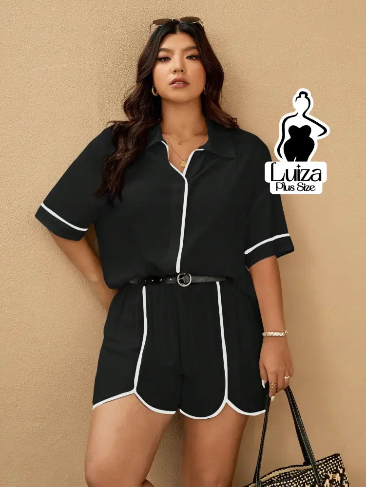 Conjunto Camisa Manga Curta Short Detalhe Contrastante Plus Size Preto / G Conjunto Camisa Manga Curta Short Detalhe