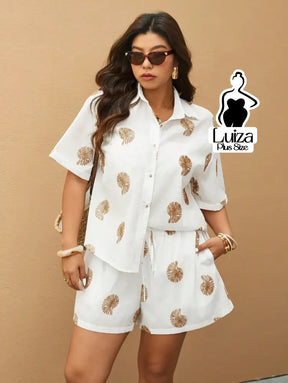 Conjunto Camisa Short Estampa Tropical Casual Verão Plus Size Conjunto Camisa Short Estampa Tropical Casual Verão Plus