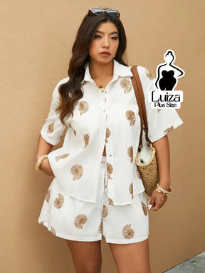 Conjunto Camisa Short Estampa Tropical Casual Verão Plus Size Conjunto Camisa Short Estampa Tropical Casual Verão Plus