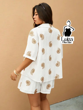 Conjunto Camisa Short Estampa Tropical Casual Verão Plus Size Conjunto Camisa Short Estampa Tropical Casual Verão Plus