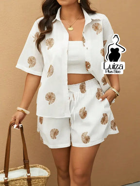 Conjunto Camisa Short Estampa Tropical Casual Verão Plus Size Conjunto Camisa Short Estampa Tropical Casual Verão Plus